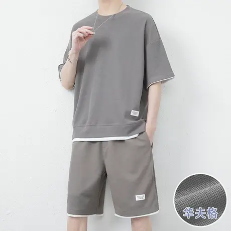 华夫格短裤套装男士夏季冰丝短袖男装一套搭配帅气潮牌休闲运动服商品大图