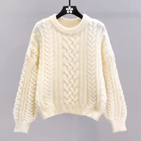 慵懒温柔风软糯圆领麻花毛衣女秋冬加厚宽松慵懒风加厚针织衫上衣图片