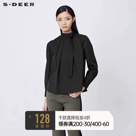sdeer圣迪奥冬装立领压褶不规则黑色长袖衬衫女S21460513商品大图