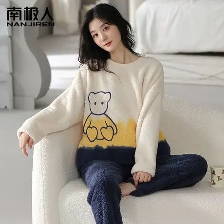 南极人睡衣女冬季珊瑚绒加绒加厚2023新款长袖法兰绒家居服套装商品大图