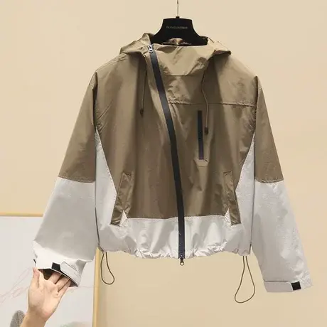 2023新款撞色立领连帽外套女宽松显瘦高级感气质休闲短款酷飒风衣商品大图