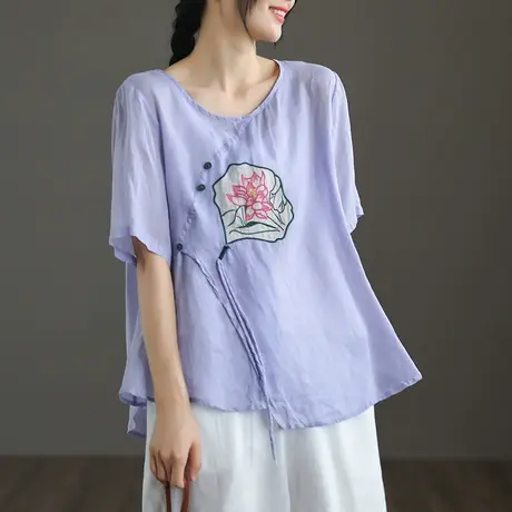 dza 大码苎麻上衣女士夏季薄款宽松绣花棉麻衬衣新款气质短袖衬衫图片