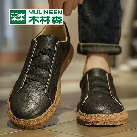 木林森秋季鞋子男鞋2023新款潮流一脚蹬皮鞋工作软底黑色休闲板鞋图片