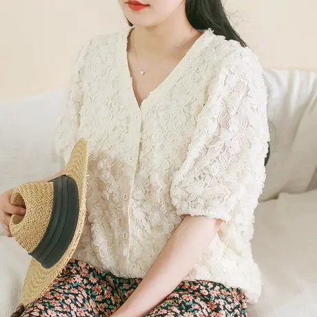 胖妹妹夏季2023新款重工立体花朵网纱V领上衣高级感宽松小衫商品大图