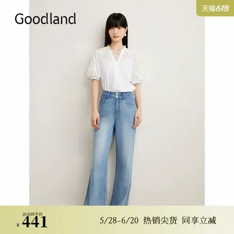 Goodland美地夏季法式优雅刺绣衬衫花边泡泡袖短袖上衣商品大图