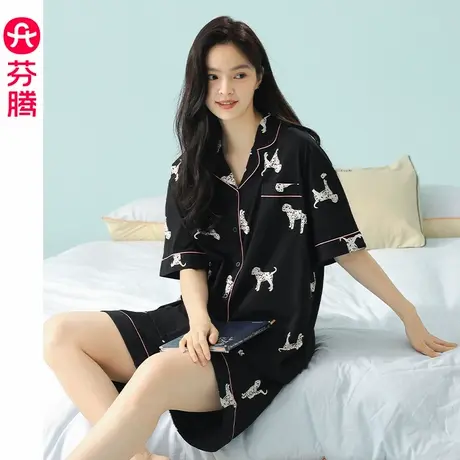 芬腾女士睡衣夏季纯棉薄款短袖开衫套装新款休闲宽松可外穿家居服商品大图