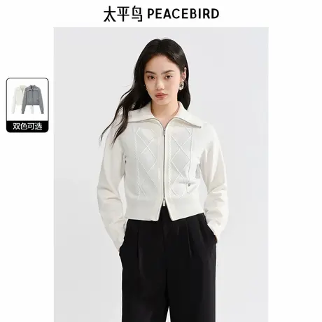 太平鸟绵羊毛双拉链翻领针织线开衫女秋装新款品质短款外套商品大图