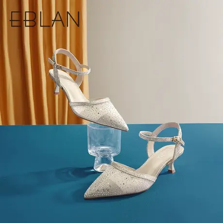 伊伴女鞋春季尖头细跟高跟凉鞋网纱钻包头凉鞋后空单鞋婚鞋晚宴鞋商品大图