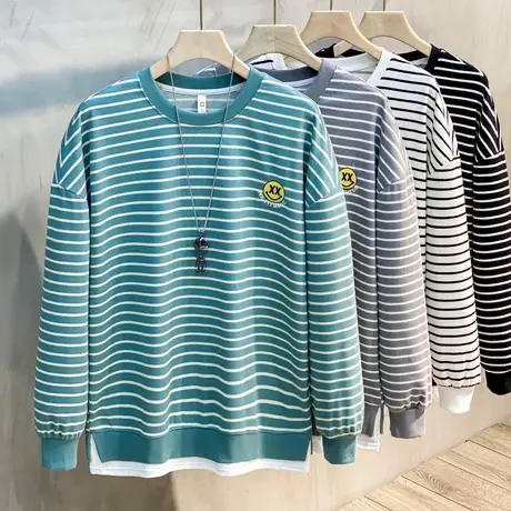 条纹卫衣男2023春秋装韩版潮流长袖T恤宽松笑脸刺绣男INS外穿上衣商品大图