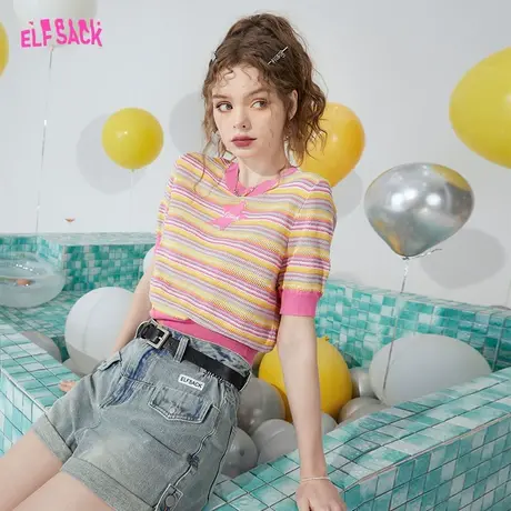 妖精的口袋短款条纹针织衫女2023夏季新款多巴胺短袖bm辣妹上衣图片