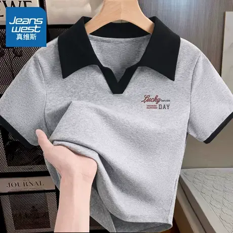HG真维斯撞色t恤女2025新款女士针织polo领短款上衣夏季修身短袖商品大图