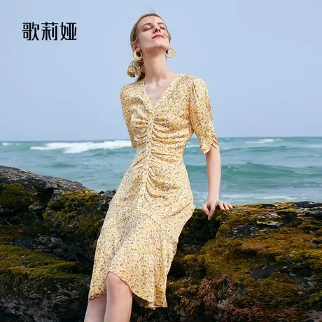 歌莉娅秋季新品气质优雅法式半袖连衣裙时尚V领碎花裙子1B7C4K680图片