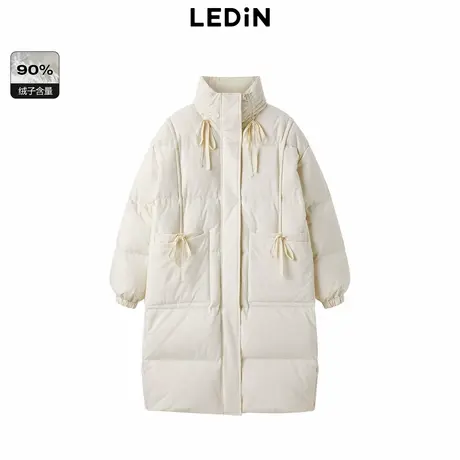 乐町蝴蝶结羽绒服甜美中长款白色羽绒外套C1ACD4279图片