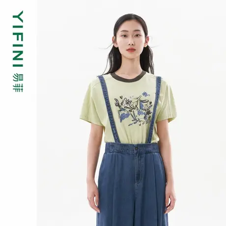 [专柜同款]Yifini/易菲索罗娜圆领撞色印花宽松时尚T恤女夏季新款图片