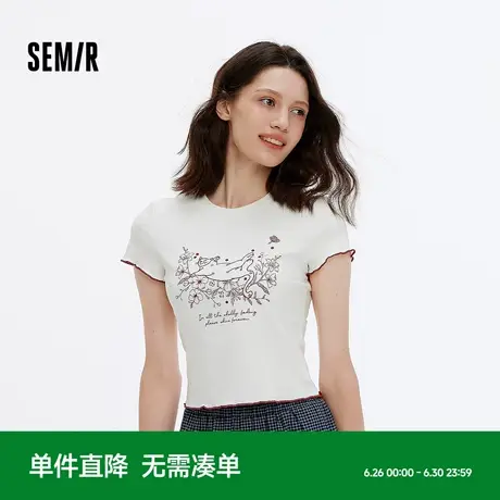 [商场同款]森马短袖T恤女短款木耳边修身2025夏新款猫咪绣花衣服商品大图