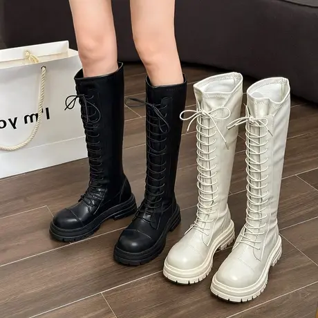 不过膝长筒靴女秋季2023年新款高筒靴法式粗跟显腿长骑士靴瘦瘦靴图片