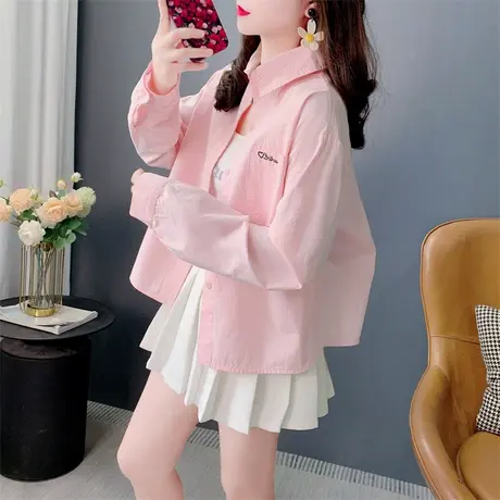 小个子长袖刺绣防晒衬衫女春季2025新款宽松显瘦百搭薄款外套上衣图片