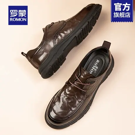 罗蒙棕色皮鞋男士正装商务秋季真皮软底德比鞋高级感圆头手抓纹RM商品大图