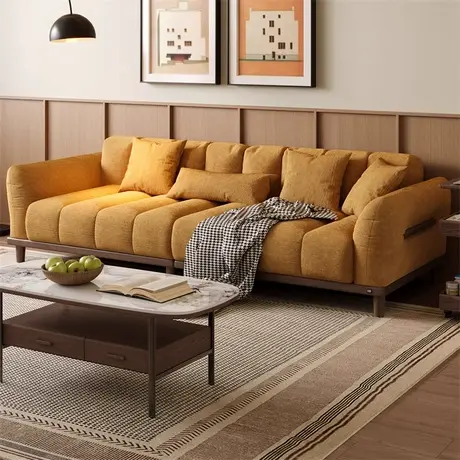 顾家家居实木白蜡木实木中古风轻奢家用客厅艺术灯芯绒直排大沙发商品大图