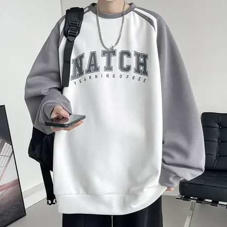 卫衣男春秋圆领套头长袖t恤男装痞帅街头风美式拼色宽松上衣外套商品大图