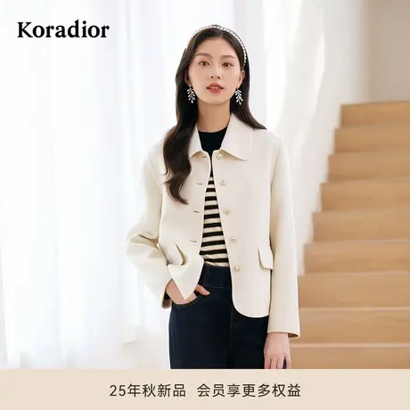 珂莱蒂尔秋季款优雅气质桑蚕丝羊毛呢绒感翻领玫瑰扣小个子短外套图片