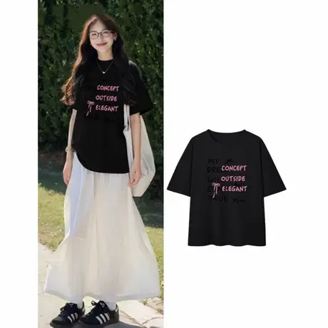 美式复古纯棉短袖t恤女2025新款爆款黑色宽松设计感小众半袖上衣商品大图