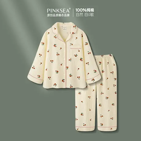Pinksea双层纱睡衣女款春秋纯棉纱布长袖长裤套装新款宽松家居服商品大图