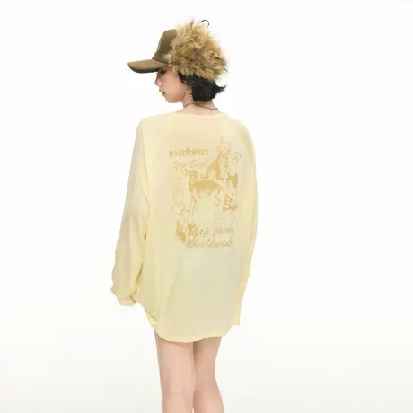 黄色斜肩长袖印花防晒罩衫女春秋新款宽松露肩轻薄微透空调衫T恤商品大图