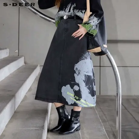 sdeer圣迪奥冬季女装个性高腰插袋印花字母A字长裙S24481108图片