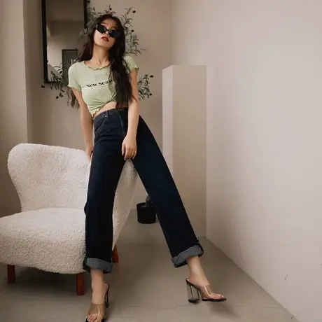 桔熊夏季时髦牛仔长裤子女裤脚调节扣两穿高腰直筒裤大码BA7072图片