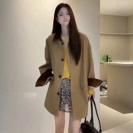 2025春秋新款韩版宽松显瘦中长款风衣外套女时尚休闲百搭气质大衣商品大图