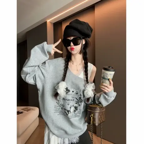时尚复古斜领套头卫衣女早秋2025新款宽松百搭设计师灰色小众上衣商品大图