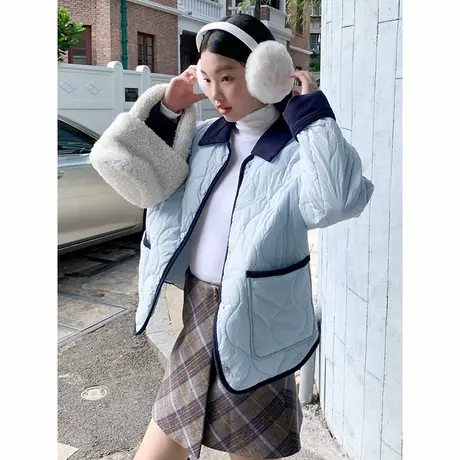 KV真维斯浅蓝色翻领棉服女20225新款秋冬季撞色菱格保暖长袖上衣商品大图