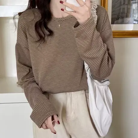 韩系港风chic条纹长袖T恤女春秋季韩版宽松显瘦百搭学生上衣体恤图片