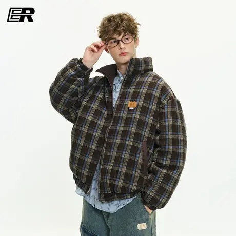 ER贴标复古撞色格子立领羽绒服冬季青少年潮牌宽松休闲保暖外套商品大图