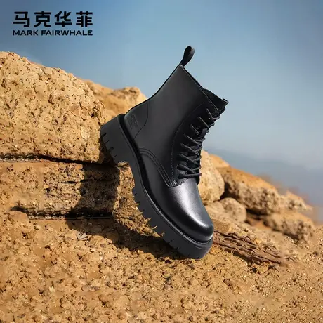 马克华菲高帮男鞋春季真皮马丁靴男黑色工装靴子机车皮靴厚底男靴图片