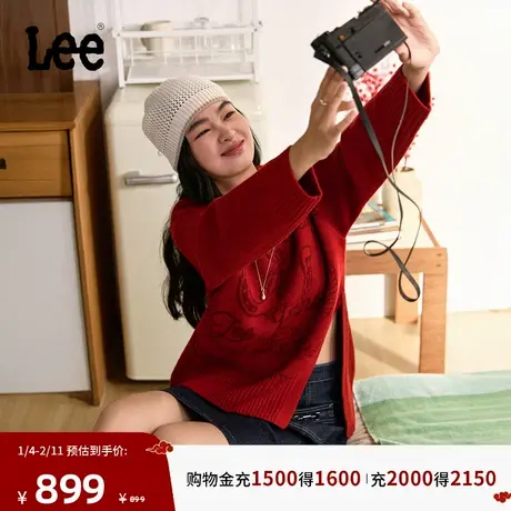 Lee商场同款26年宽松版圆领马年新春限定女款马蹄针织毛衣红色潮图片