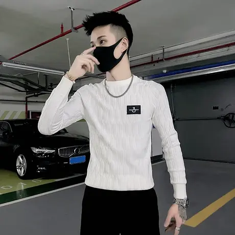 毛衣男ins潮流秋冬季纯色提花设计感针织打底衫潮牌修身上衣体恤商品大图