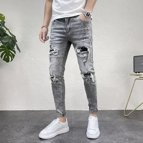 2023秋冬新款个性补丁乞丐破洞牛仔裤男士潮流修身小脚裤铅笔长裤商品大图
