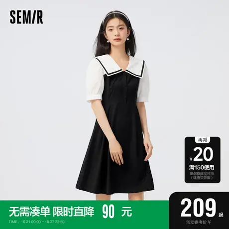 [商场同款]森马连衣裙女大翻领学院风秋季2023新款拼色小黑裙气质图片