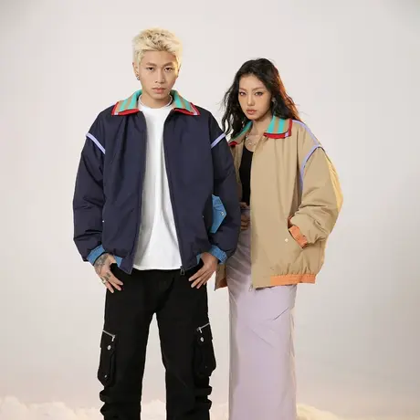 潮牌撞色棉服女冬季加厚外套2023新款复古情侣装宽松oversize棉衣商品大图