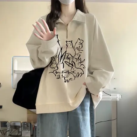 秋冬Polo领加绒卫衣女港风复古半拉链上衣ins潮大码百搭翻领外套商品大图