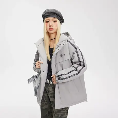 美式复古潮牌连帽保暖棉服女冬季加厚外套2023新款运动风宽松棉衣商品大图