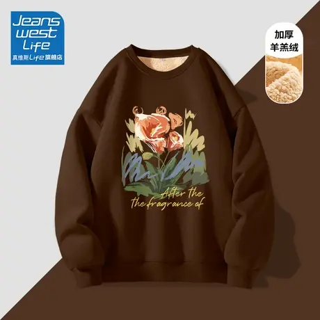 真维斯LIFE圆领加绒加厚卫衣女外套秋冬宽松复古美拉德风上衣女C商品大图