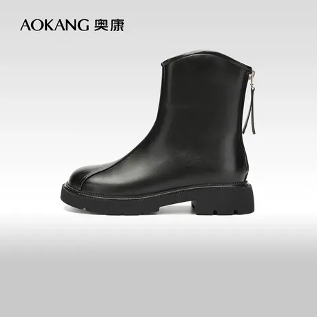 【门店发货】奥康女鞋 2023冬季新款复古简约切尔西靴粗跟时装靴商品大图