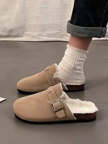 勃肯鞋女包头毛毛拖鞋2023新款秋冬日系复古厚底一脚蹬加绒博肯鞋商品大图