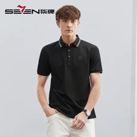 【5A抗菌/2A防螨】柒牌polo衫男短袖夏季薄款含桑蚕丝黑色翻领T恤商品大图
