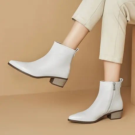 里外全皮尖头踝靴软皮头层牛皮短靴女中跟粗跟春秋单靴女鞋真皮靴商品大图