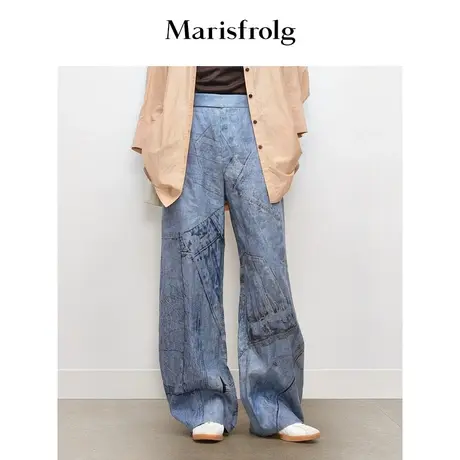 【蛋型裤系列】玛丝菲尔秋季蓝色时尚数码印花香蕉阔腿裤图片