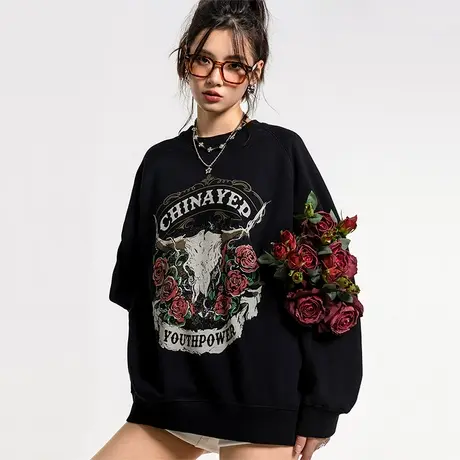 yep美式复古玫瑰卫衣女加绒秋冬圆领小众设计感上衣ins潮牌情侣装商品大图